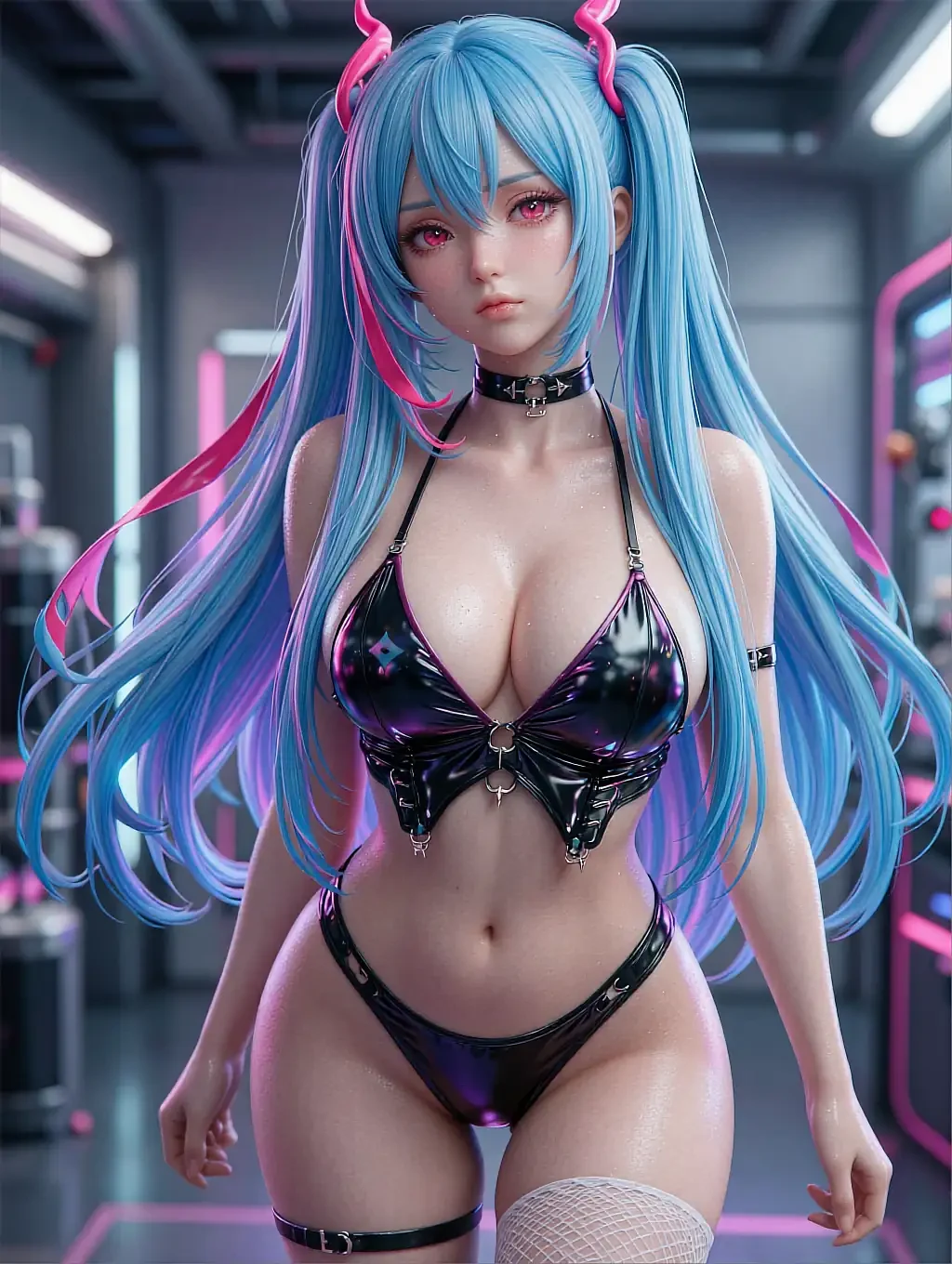 Illustrated anime character Aoi with a cool, direct stare under cyan light